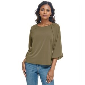 Calvin Klein Top Womens Medium Olive Green Modern Essentials 3/4 Sleeve Blouse‎